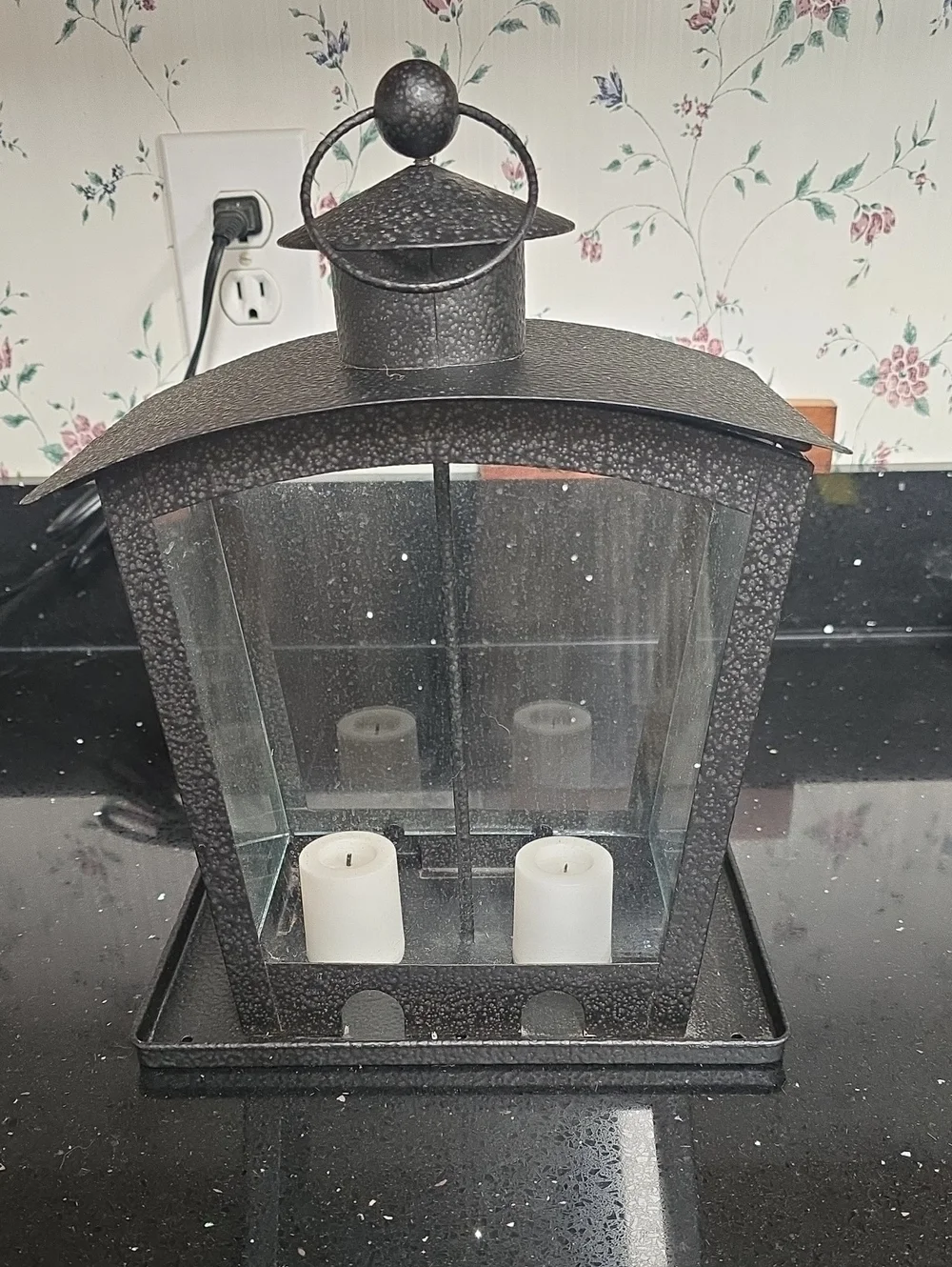 Vintage. Decorative Black Hanging Metal Lantern with Glass Panels